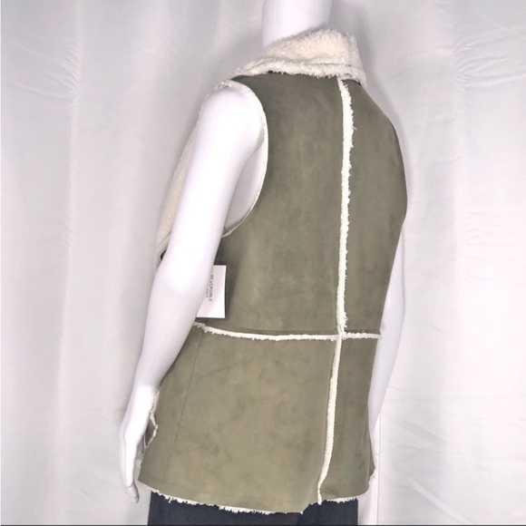 Caslon Reversible Faux Shearling & Vegan Suede Drape Lapel Pocket Patch Vest SzS - Picture 6 of 16